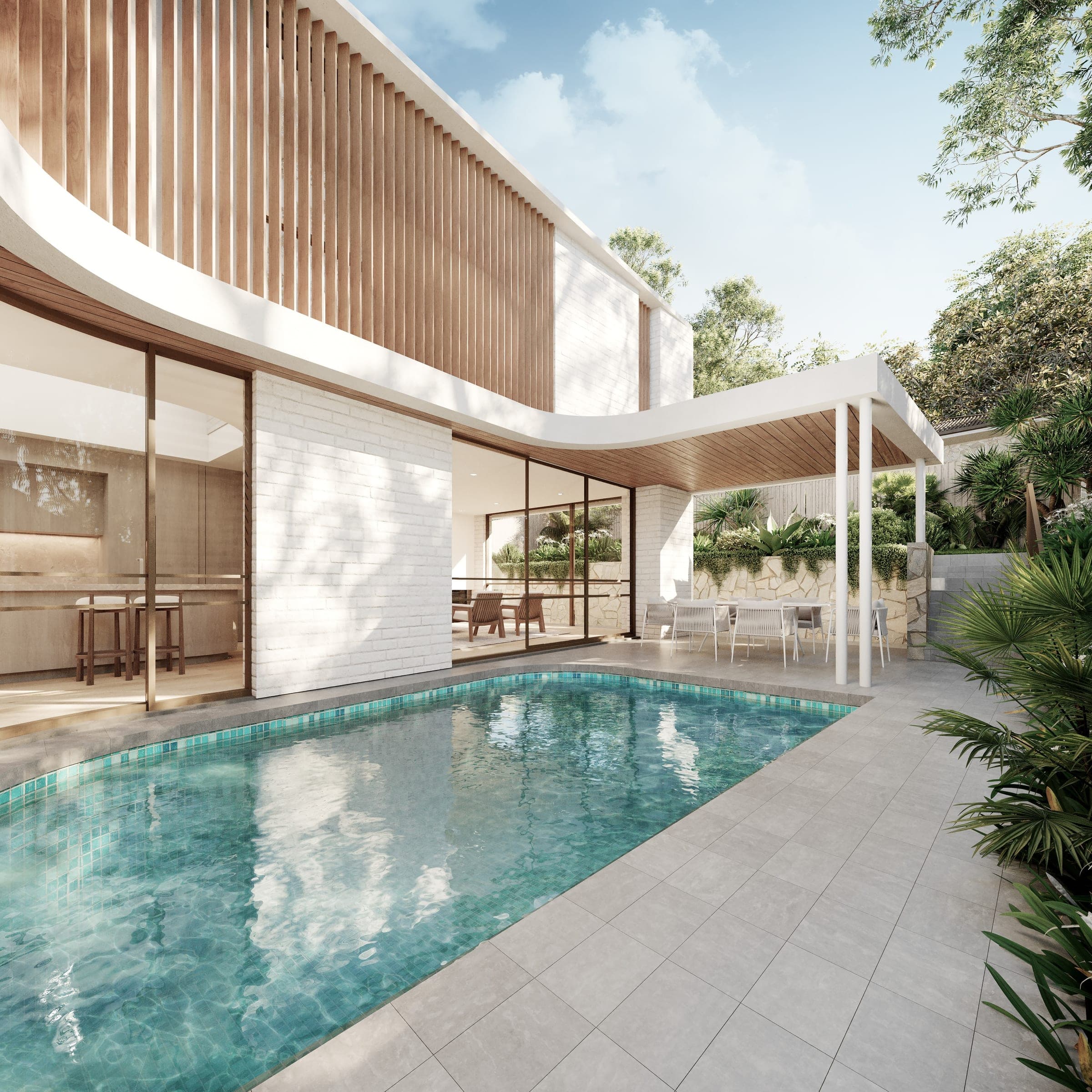 Design visualisation of Botanic's courtyard pool beside a curved, timber-screened white house