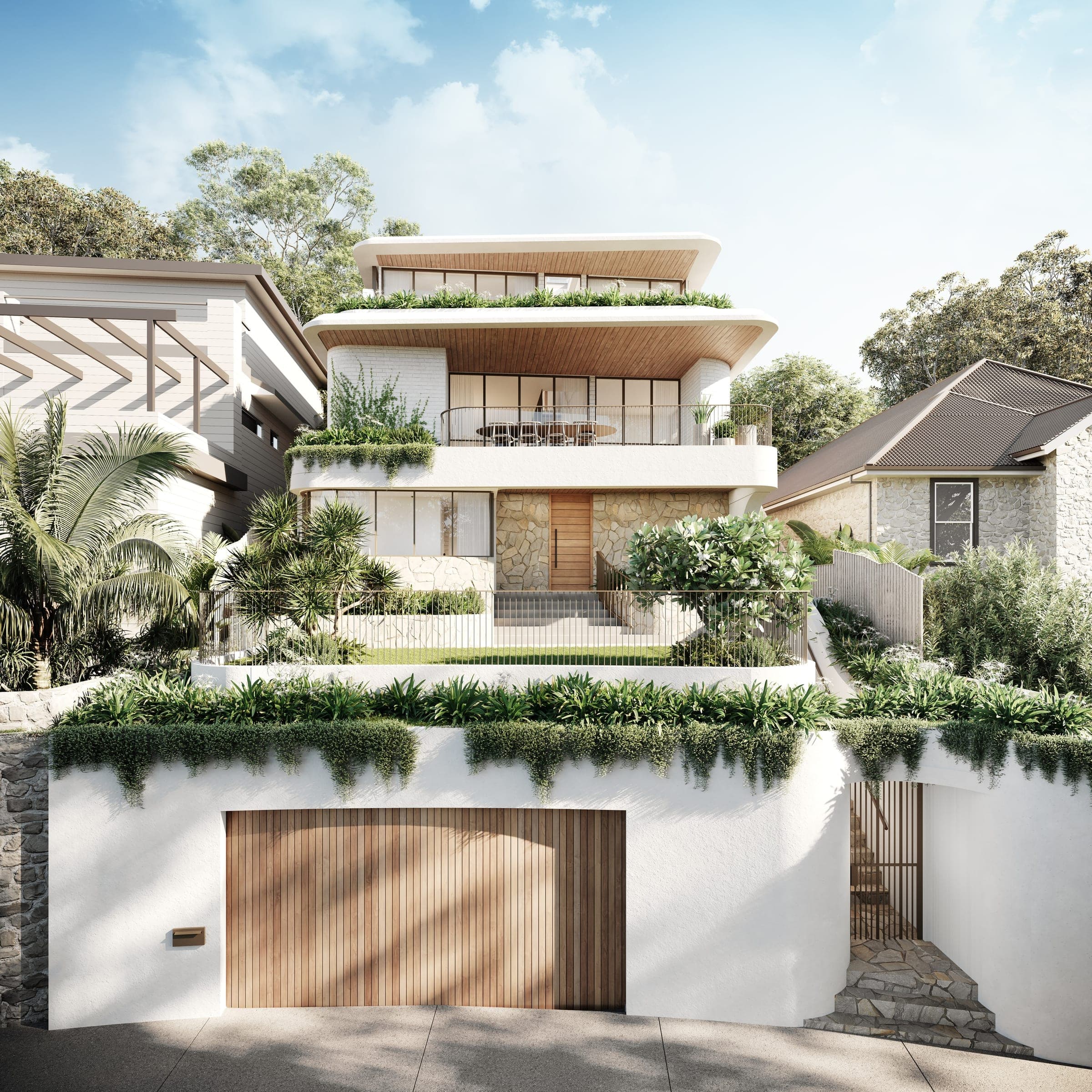 Design visualisation of Botanic: a tiered home stepping down a steep Mosman site, with curved balconies over a basement garage